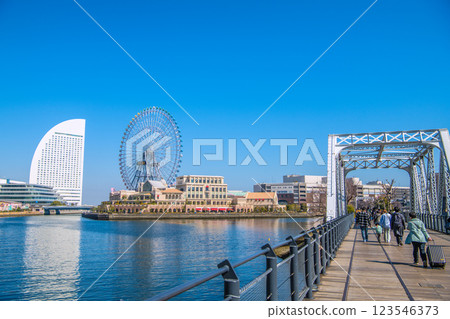 Yokohama cityscape in Japan. April weather... Kishamichi bustling with tourists. Canal Park Station in the background. (1st) Yokohama cityscape in Japan. April weather... Kishamichi bustling with tourists. Canal Park Station in the background. (1st) 123546373