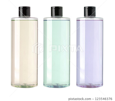 Transparent plastic bottle containing light liquid product on white background Transparent plastic bottle containing light liquid product on white background 123546376