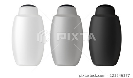 plastic cosmetic bottles with black flip-top cap standing on white background 123546377
