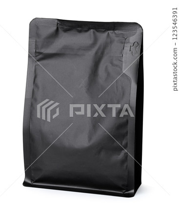 Gray doypack packaging with zipper and degassing valve standing up 123546391