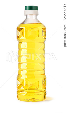 Plastic bottle full of golden sunflower oil on white background 123546413