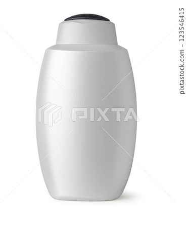 White plastic cosmetic bottle with black flip-top cap standing on white background 123546415