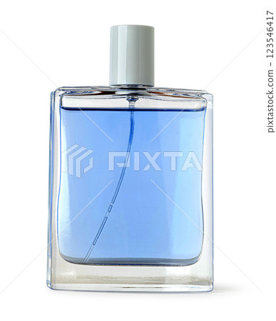 Blue perfume bottle spraying fragrance on white background Blue perfume bottle spraying fragrance on white background 123546417