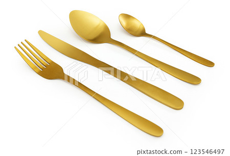 Golden cutlery set lying on white background Golden cutlery set lying on white background 123546497