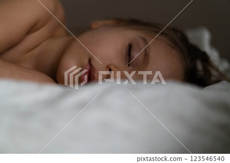 A young boy sleeps soundly in a comfily made bed, embodying warmth and tranquility. 123546540
