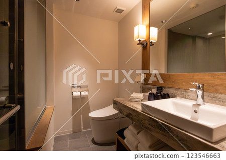 A bathroom in a premium room with hot spring bath at Courtyard by Marriott Hakuba, a luxury hotel in Hakuba, Nagano Prefecture 123546663