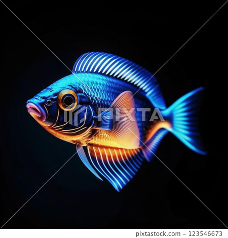 Fish in neon color.  Beautiful fauna of the aukarium world. Fish in neon style. AI generated. 123546673
