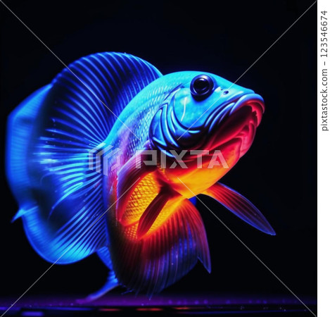 Fish in neon color.  Beautiful fauna of the aukarium world. Fish in neon style. AI generated. 123546674