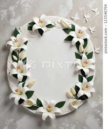 3D papercut funeral flyer with layered floral patterns, a central cutout for text or a photo, and a soft, elegant design. 123546704