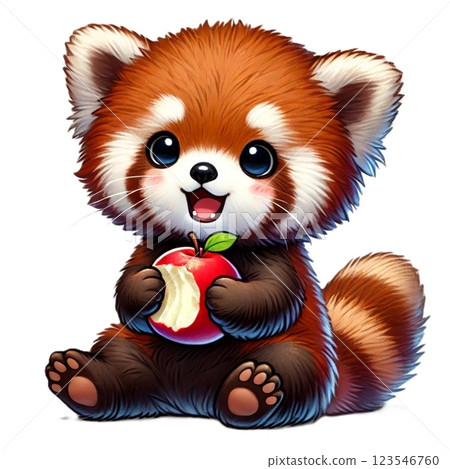 一隻可愛的小熊貓吃蘋果的插圖 123546760