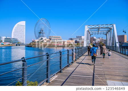 Yokohama cityscape in Japan. April weather... Kishamichi bustling with tourists. Canal Park Station in the background. (1st) Yokohama cityscape in Japan. April weather... Kishamichi bustling with tourists. Canal Park Station in the background. (1st) 123546849