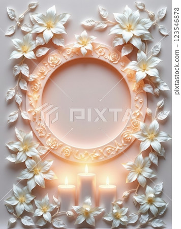 3D papercut funeral flyer with layered floral patterns, a central cutout for text or a photo, and a soft, elegant design. 123546878