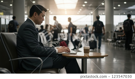 Business traveler working on laptop in busy airport lounge with coffee Business traveler working on laptop in busy airport lounge with coffee 123547030