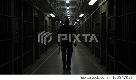 Guard walking through dimly lit prison corridor with uniform and baton Guard walking through dimly lit prison corridor with uniform and baton 123547031