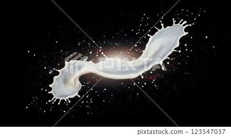 Milk splash in space: surreal cosmic liquid motion against a starry galaxy backdrop Milk splash in space: surreal cosmic liquid motion against a starry galaxy backdrop 123547037