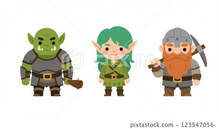 Cute fantasy characters: orc, elf, and dwarf in cartoon style Cute fantasy characters: orc, elf, and dwarf in cartoon style 123547056