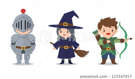 Cute medieval characters: knight, witch, and archer in cartoon style 123547057