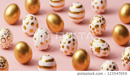 Golden and white decorative eggs on pink background for festive celebrations Golden and white decorative eggs on pink background for festive celebrations 123547059