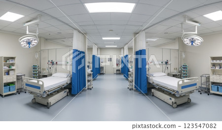 Modern hospital ward with empty hospital beds and medical equipment in bright clean room 123547082