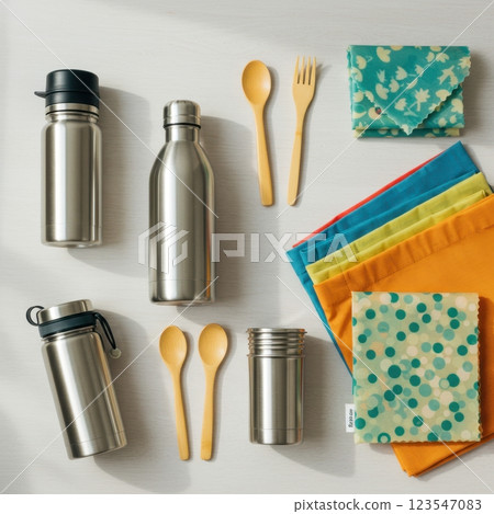 Eco-friendly stainless steel bottles and bamboo cutlery on colorful napkins Eco-friendly stainless steel bottles and bamboo cutlery on colorful napkins 123547083