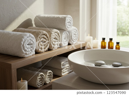 Luxurious spa setting with rolled towels, aromatic oils, and stone-filled bowl in serene atmosphere Luxurious spa setting with rolled towels, aromatic oils, and stone-filled bowl in serene atmosphere 123547090
