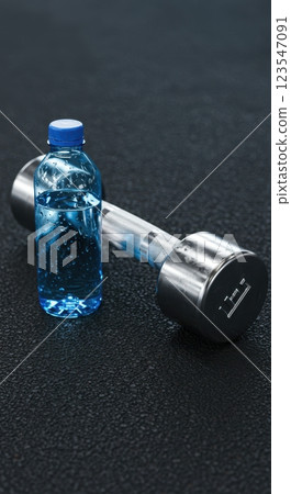 Hydration and fitness: water bottle and dumbbell on gym floor for workout motivation 123547091