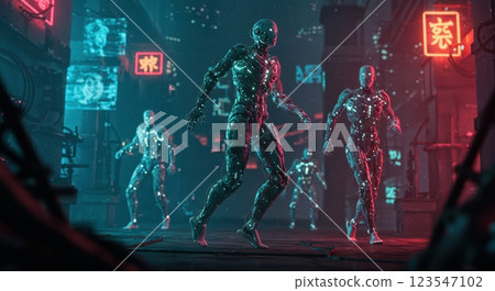Futuristic robots exploring a neon-lit cyberpunk cityscape at night 123547102