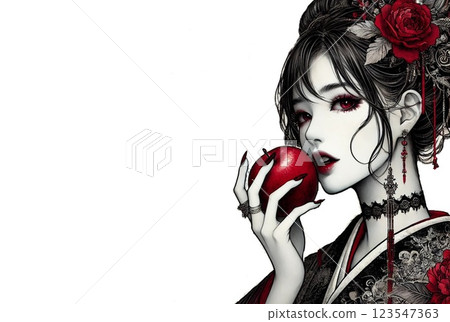 Woman holding a red apple in her hand Woman in a kimono Otherworldly illustration Copy space [AI generated image] 123547363