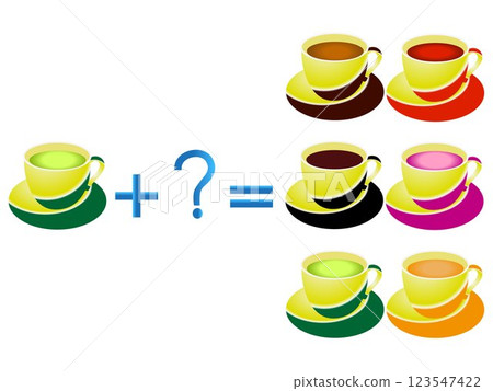 Educational games for children, mathematical addition, example with cups of tea. 123547422