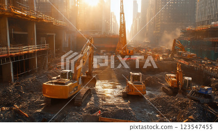 夕陽照耀下的城市中的大型建築工地和重型機械 123547455