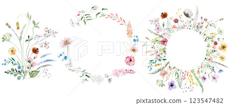 Bouquet and frames made of watercolor bright wild flowers and leaves, wedding isolated illustration 123547482