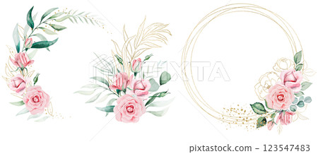 Frame and bouquets with pink watercolor flowers and green leaves, isolated wedding and greeting illustration 123547483