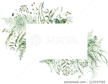 Frame with Watercolor fern twigs with green leaves isolated illustration, botanical wedding 123547485