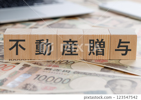 一塊錢上面寫著「房地產捐贈」字樣的方塊 一塊錢上面寫著「房地產捐贈」字樣的方塊 123547542