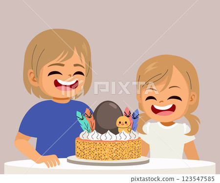 Children Enjoying Easter Mona De Pascua Cake Vector Illustration Children Enjoying Easter Mona De Pascua Cake Vector Illustration 123547585
