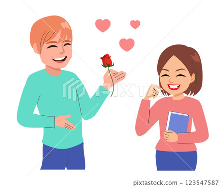 Cute Couple Exchanging Gift On Saint Jordi's Day Holiday Vector Illustration Cute Couple Exchanging Gift On Saint Jordi's Day Holiday Vector Illustration 123547587