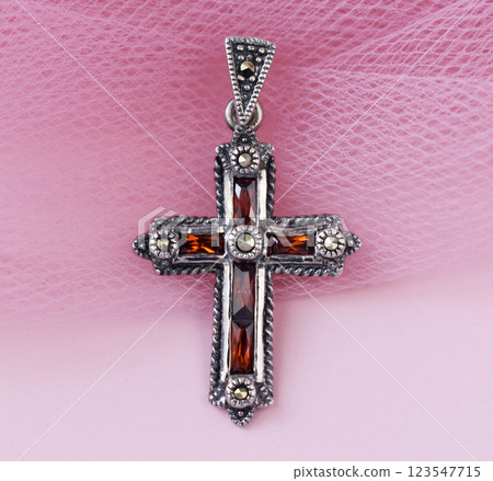 Unique necklace for women on a pink background, promotional photo for an online vintage and handmade jewelry store Unique necklace for women on a pink background, promotional photo for an online vintage and handmade jewelry store 123547715
