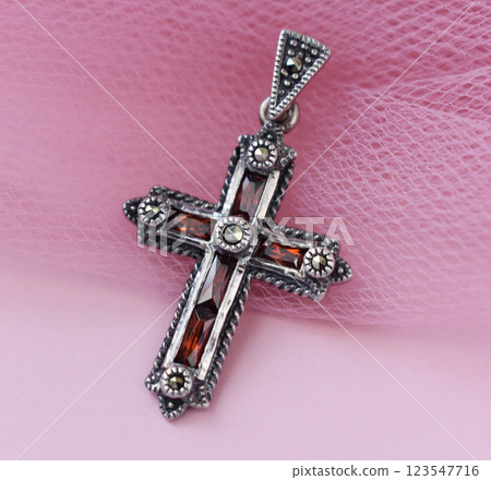 Unique necklace for women on a pink background, promotional photo for an online vintage and handmade jewelry store 123547716