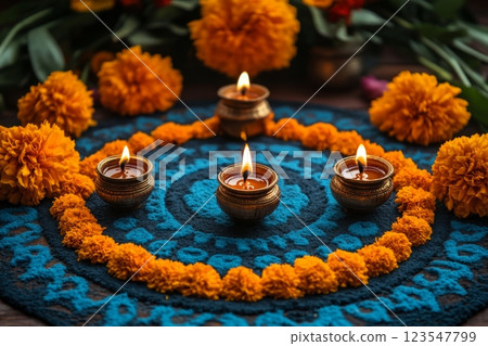 Celebration of vibrant floral rangoli pattern during Hindu festival highlighting rich Indian culture with traditional oil lamps placed on colorful design 123547799