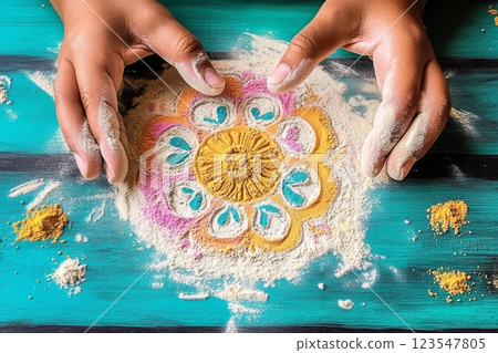 Creating a vibrant rangoli pattern during a Hindu festival reflecting the richness of Indian culture through colorful sand designs 123547805