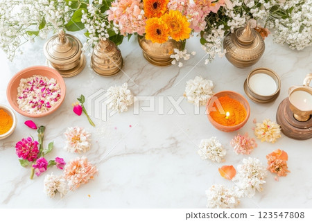 Celebrating rangoli pattern during a Hindu festival emphasizing Indian culture with vibrant flowers, traditional elements, and festive decorations. Hindu festival background with copy space Celebrating rangoli pattern during a Hindu festival emphasizing Indian culture with vibrant flowers, traditional elements, and festive decorations. Hindu festival background with copy space 123547808