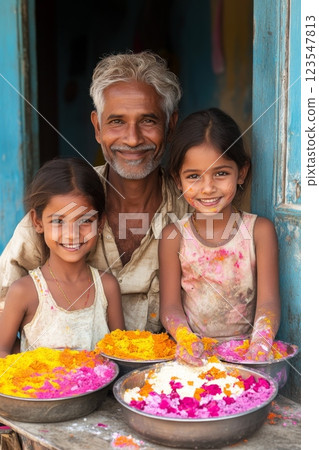 Celebrating Holi with a colorful rangoli pattern, showcasing vibrant powders reflecting Indian culture during a traditional Hindu festival 123547813