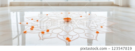 Celebration of rangoli pattern during Hindu festival highlighting Indian culture on a marble floor Celebration of rangoli pattern during Hindu festival highlighting Indian culture on a marble floor 123547819