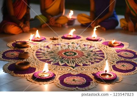 Celebration of Indian culture with a traditional circular rangoli pattern during a Hindu festival illuminated by lamps Celebration of Indian culture with a traditional circular rangoli pattern during a Hindu festival illuminated by lamps 123547823