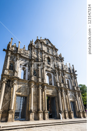 The ruins of St. Paul's Cathedral at Jesus Company Square in Macau, China, is a historic architectural landmark, and a UNESCO World Heritage. 123547834