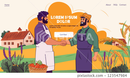 Farmers handshake collaboration agricultural scene rural landscape vibrant colors farmhouse crops website design 123547984