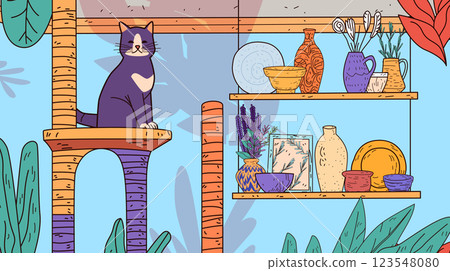Cat on cat tree in cozy room with shelves of colorful pottery plants and abstract decor. Warm tones and playful design 123548080