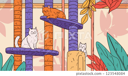 Cats on colorful climbing tree playful scene. Three cats relax on a vibrant cat tree surrounded by leaves and abstract shapes. Cozy indoor pet environment 123548084