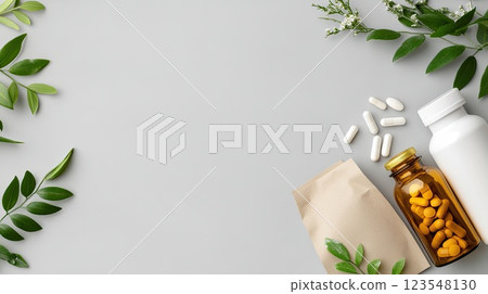 White and gray medical bottles and a paper bag with pills are displayed on a neutral table, ideal for health-related designs 123548130