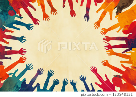 An abstract image of a circle of different silhouettes holding hands, a symbol of global unity 123548131